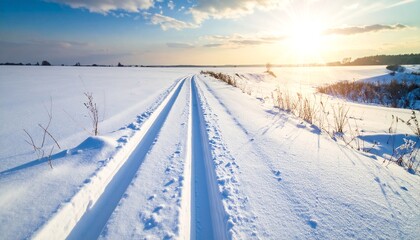 Winter ski tracks in snow field at sunset.