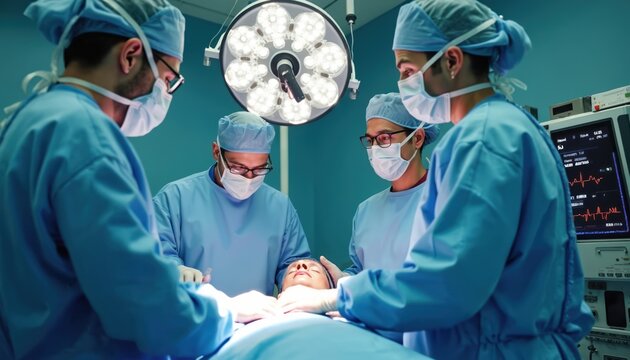 Medical team operates on patient in sterile surgical room under bright lamp. Surgeons in blue scrubs, masks concentrate on procedure. Patient lies unconscious on operating table with vital signs