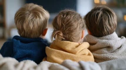 Cozy indoor scene with children watching cartoon wrapped in soft blankets