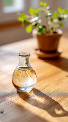 Clear glass vase distorting light on wooden surface in sunlit room