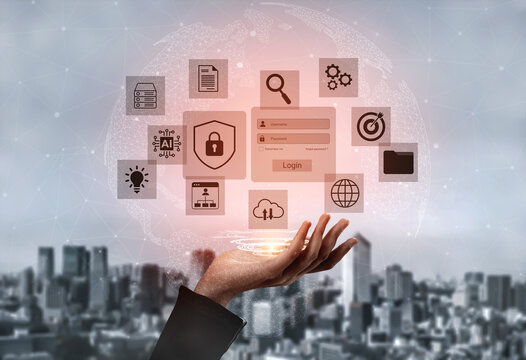 A creative visualization of cloud computing technology showcasing digital icons representing data security and online identity management above a city skyline. Gantry