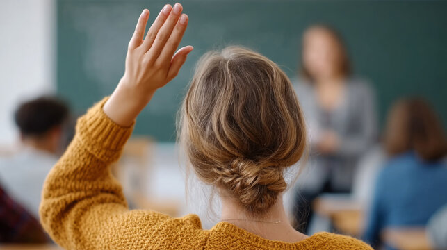 Engaged student raises hand in classroom as teacher responds with a nod for active learning
