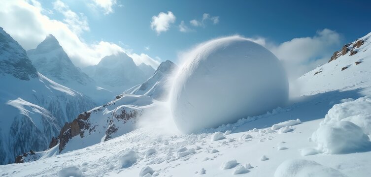 Big snowball rolls down mountainside. White sphere motion grows through snow surface. Winter wonderland landscape scene with clear sky, mountain range at background. Snowy climate concept natural