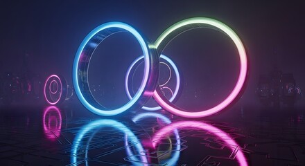 Glowing neon circles in blue pink and green colors reflected on a dark surface with circuit patterns