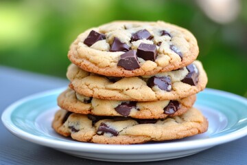 Delicious chocolate chip cookies on a plate with chocolate chunks and crumbs