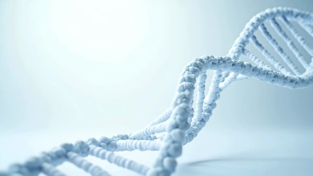 Close-up view of a blue double helix DNA strand. Medical or scientific concept with genetic code replication visualization.