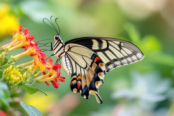 Fototapeta premium Vibrant butterfly resting on orange blossoms in a serene garden setting