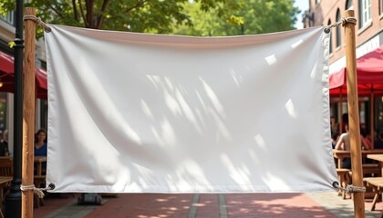 Empty white banner hangs on wooden poles on a street with cafe tables. Outdoor ad space for sale promotion, event announcement or restaurant menu display.