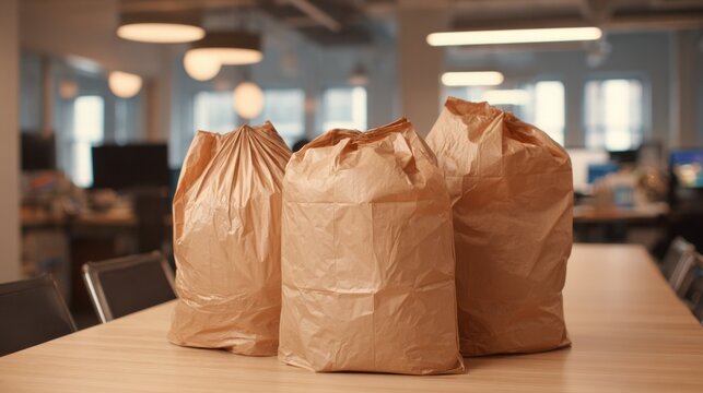 Medium shot featuring recycled paper trash bags in an office environment highlighting ecofriendly waste management solutions.