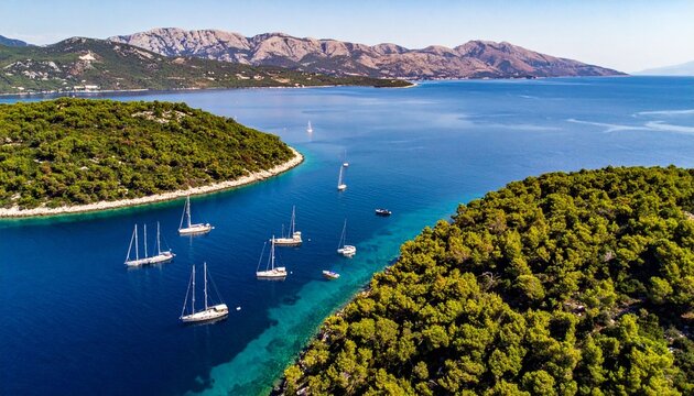 Yachts anchored in scenic bay view.