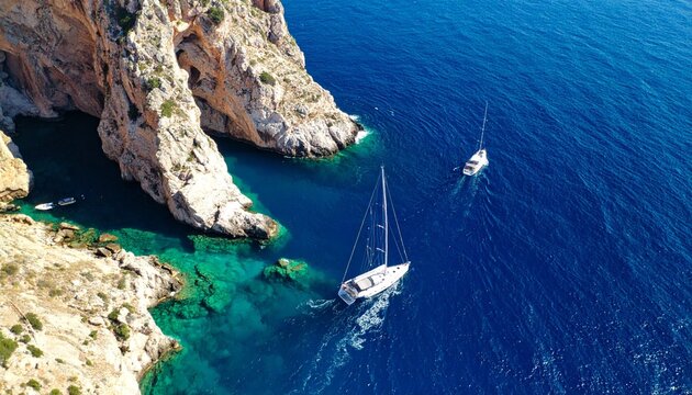Yachts sailing near rocky coastline.