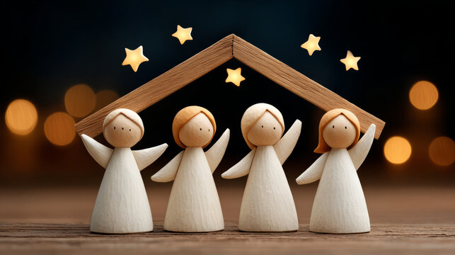 Ethereal angels singing in rustic nativity scene for christmas decoration ideas