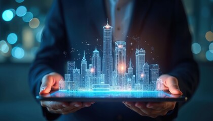 Man holds tablet projecting digital city hologram. Futuristic architecture, urban planning and tech business concepts. Real estate development and smart city ideas.