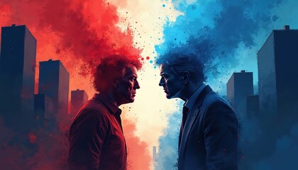 Illustration of two men facing each other symbolizes debate. Colors red blue suggest opposing sides. Buildings in background add context. Concept art evokes tension conflict discussion.