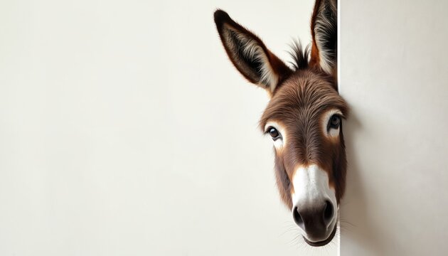 Donkey head peeks from behind white surface. Curious mammal shows large ears and dark eyes. Farm animal has soft brown fur and white facial markings. It looks directly at viewer.