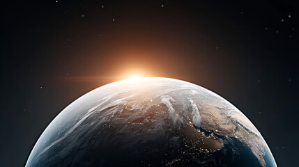 Planet earth rotating with constellations and sunrise glow in outer space