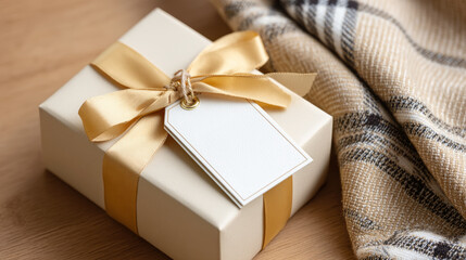 Elegantly wrapped gift box with tag and scarf for special occasions