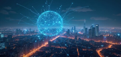 Global digital network connects futuristic city skyscrapers. Bright lines form sphere over illuminated urban landscape, data flow. Smart city tech, innovation concept.