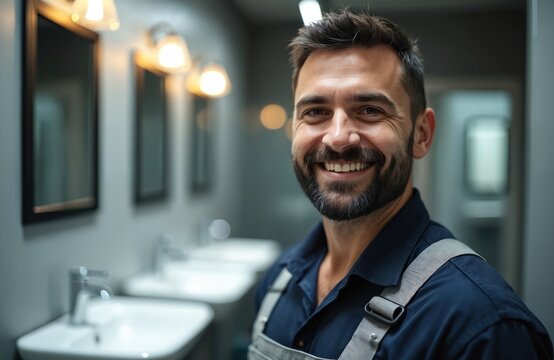 Smiling bearded pro plumber stands in clean, modern bathroom. Wears dark blue shirt, grey overalls, ready for work. Background shows multiple sinks, mirrors. Happy male worker looks confident,