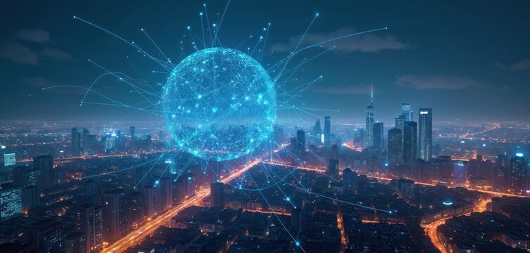Global digital network connects futuristic city skyscrapers. Bright lines form sphere over illuminated urban landscape, data flow. Smart city tech, innovation concept.