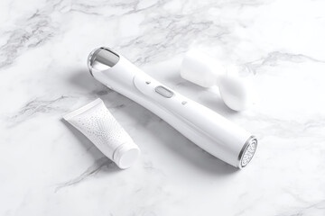 Microcurrent facial device home skincare tool for beauty routine on marble background with cream tube and cotton pads modern design