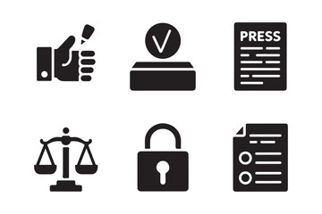 Set of six black and white icons representing legal and business concepts