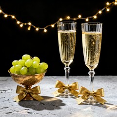 Champagne glasses and grapes celebrate the new year