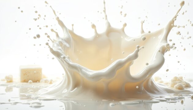 Fresh white liquid splashes dynamically, forming beautiful crown. Creamy dairy product chunks, curd cube visible around. Milk yogurt drops fly up. Healthy ingredient, protein rich, breakfast food.