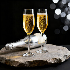 Two glasses of champagne with bottle on stone surface