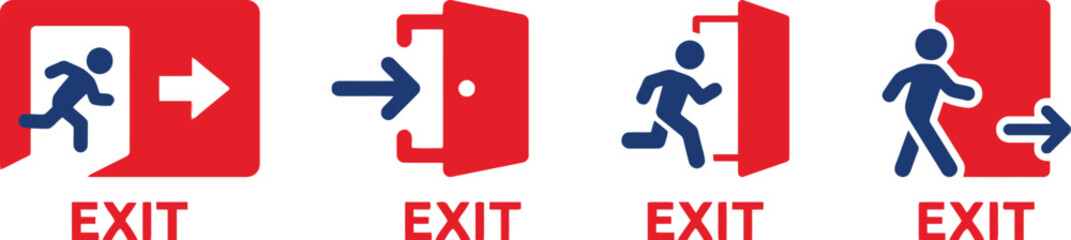 Fototapeta premium exit, sign, symbol, door, running, figure, man, person, emergency, escape, safety, direction, arrow, red, blue, graphic, icon, pictogram, illustration, warning, alert, evacuation, building, entrance, 