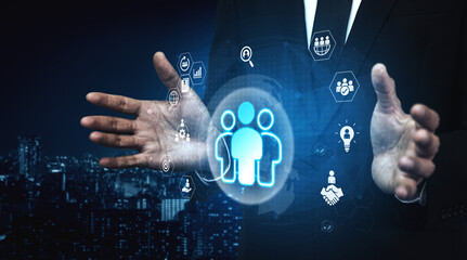 Glowing human figures surrounded by business icons representing HR data analysis, employee management, and recruitment analytics Parse