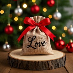 A burlap gift bag with love text and red ribbon bow