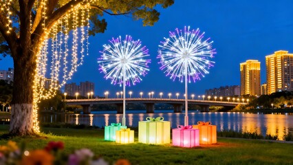 Festive light decorations illuminate a park at night