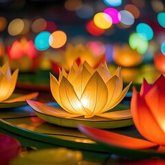 Illuminated lotus flower lanterns floating on the water