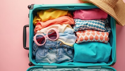 Open suitcase filled with colorful clothes a straw hat and sunglasses ready for a spring break or summer vacation trip. Packing for getaway. Trip preparation fun.