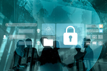 Digital technology background with security symbols, people silhouettes, interface elements, and futuristic design to illustrate cybersecurity concepts Gantry.