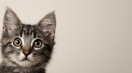 Curious Kitten Portrait With Wide Eyes Against Soft Neutral Background Studio Lighting Close-Up Playful Adorable Feline