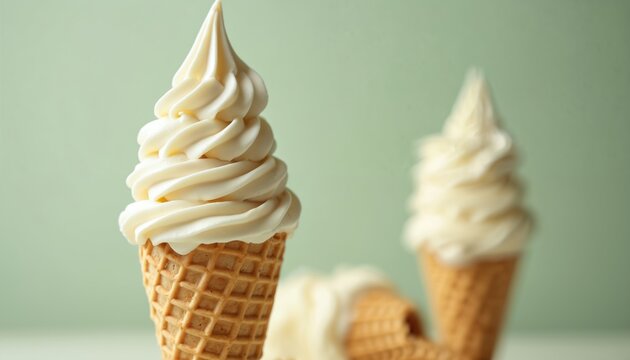 Soft serve vanilla ice cream cone stands on light green background. Two cones blurred in back, one lies down. Sweet cold dessert treat for hot summer day. Popular snack. Dairy free vegan options