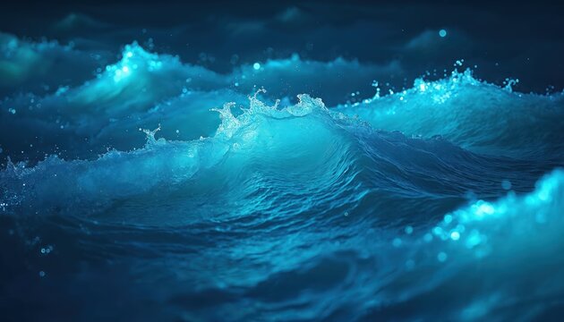 Dynamic blue ocean wave with bioluminescent glow. Ripples reflect ethereal light creating mesmerizing visual effect. Illustrates powerful energy, deep sea mystery, ideal for tech or wellness themes.