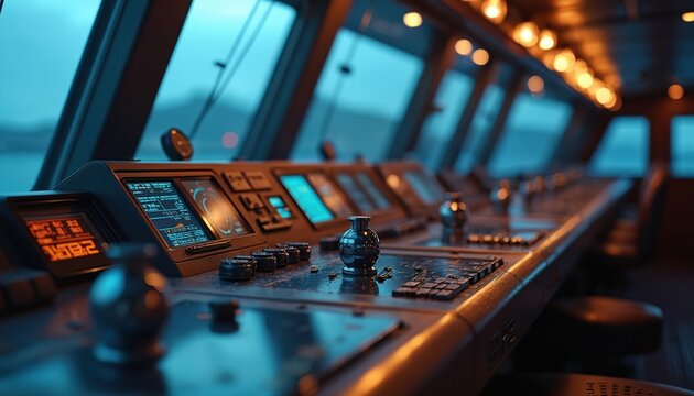 Ship bridge shows advanced navigation, control systems. Screens display critical data, dials monitor vessel functions. Modern maritime tech manages sea journeys, ensuring safe operation. Captain