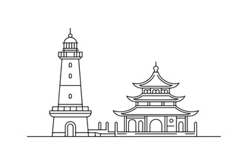 Lighthouse and traditional asian pagoda building line art