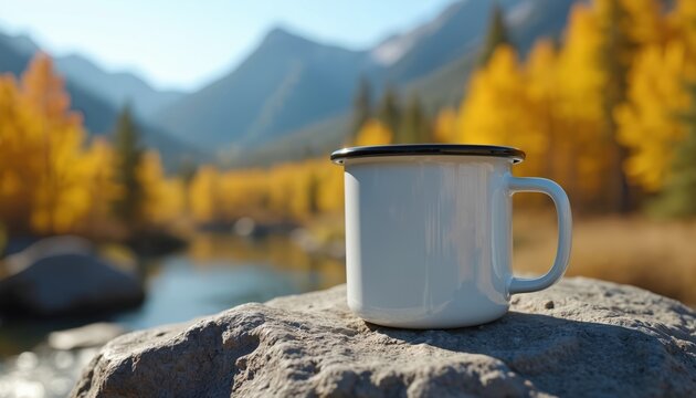 White enamel mug sits on rough stone with blurred river and autumn forest backdrop. Perfect for outdoor cafe branding or camping advertising themes.