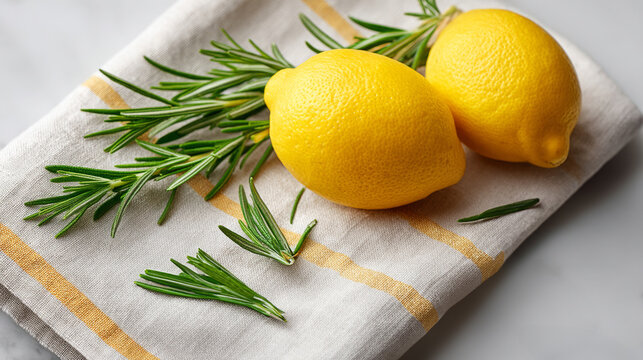 Fresh lemons and rosemary on marble surface for culinary and aromatherapy inspiration