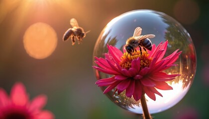 Bee on pink flower inside transparent sphere. Another bee flies near in soft bokeh light. Nature scene captures pollination and insect life. Beautiful macro detail in garden.