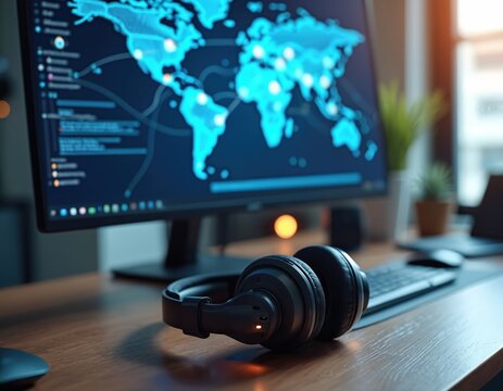 Desktop computer displays world map with glowing connections. Headphones rest on keyboard, suggesting remote work or customer support. Office desk setup ready for global communication tasks.