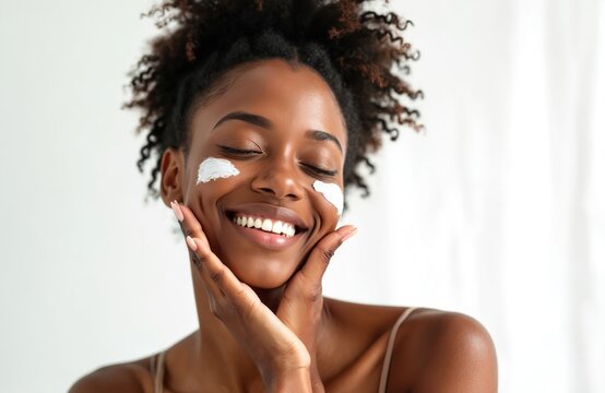 Young african american woman with afro braids smiles applying face cream. She has white cosmetic spots on cheeks. Healthy skin care routine at home. - Powered by Adobe