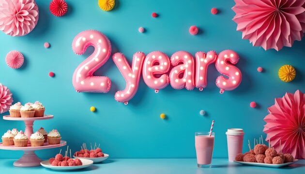 Celebratory setup for a 2 year milestone. Balloons spell out years. Treats include cakes, dessert balls and pink smoothie. Party vibe with festive design on a blue background. Anniversary theme.