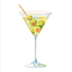 watercolor clipart thick brush strokes original martini cocktail transparent liquid in a martini glass with olives stick garnish inside the glass white b