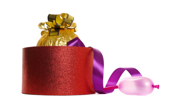 red box with round chocolate ball in golden aluminum wrapping and inflated balloon isolated on white background, side view