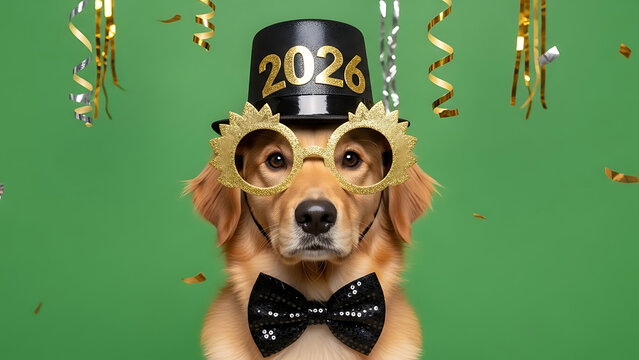 Dachshund crossbreed dog dressed for new year 2026 celebration, sporting a miniature top hat and